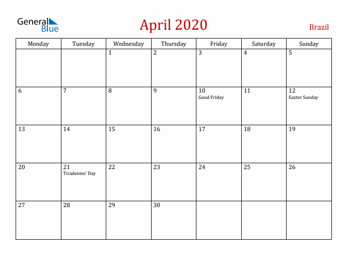 Brazil April 2020 Calendar - Monday Start