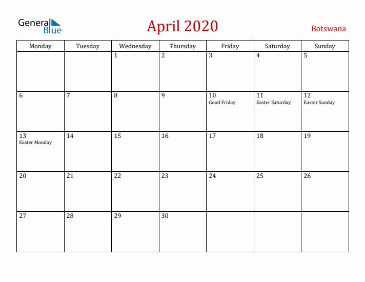 Botswana April 2020 Calendar - Monday Start