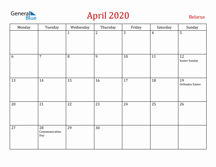 Belarus April 2020 Calendar - Monday Start