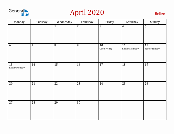 Belize April 2020 Calendar - Monday Start