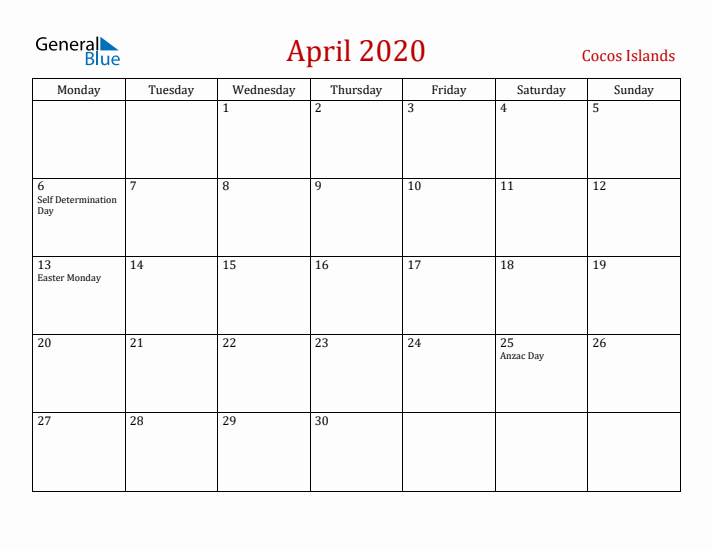Cocos Islands April 2020 Calendar - Monday Start