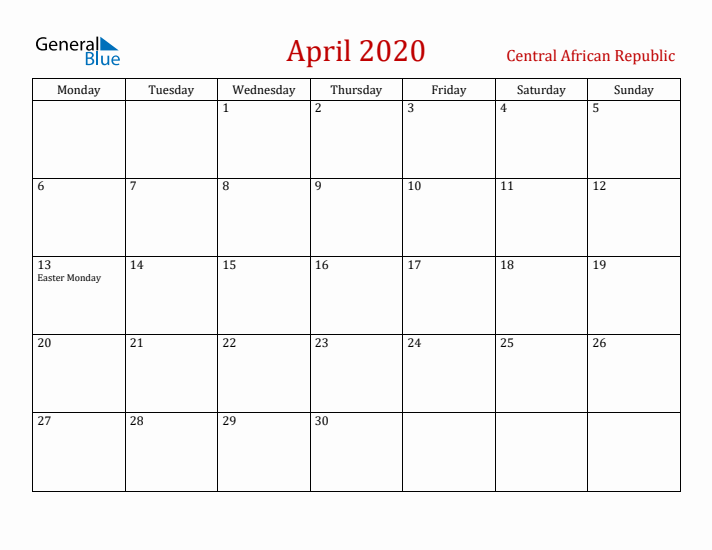 Central African Republic April 2020 Calendar - Monday Start