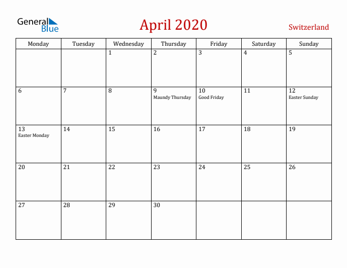 Switzerland April 2020 Calendar - Monday Start
