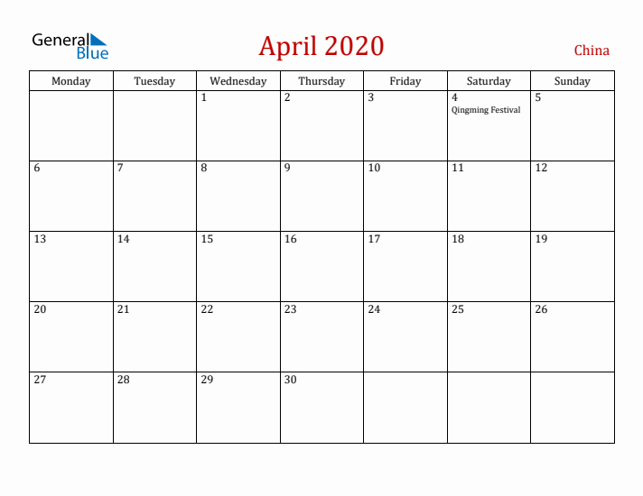 China April 2020 Calendar - Monday Start