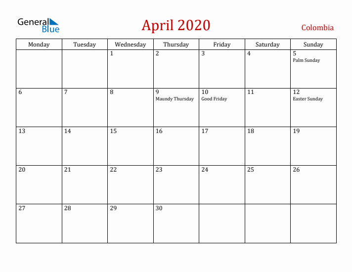 Colombia April 2020 Calendar - Monday Start