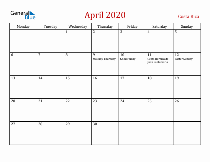 Costa Rica April 2020 Calendar - Monday Start