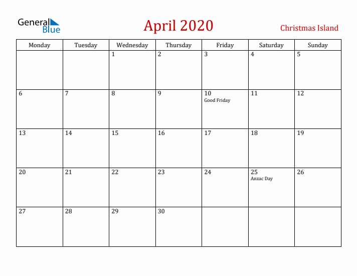 Christmas Island April 2020 Calendar - Monday Start
