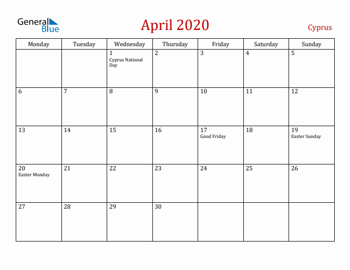 Cyprus April 2020 Calendar - Monday Start