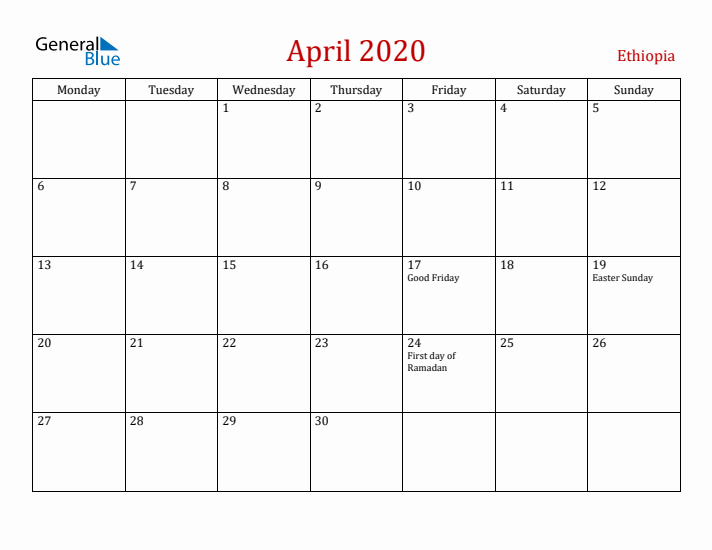Ethiopia April 2020 Calendar - Monday Start