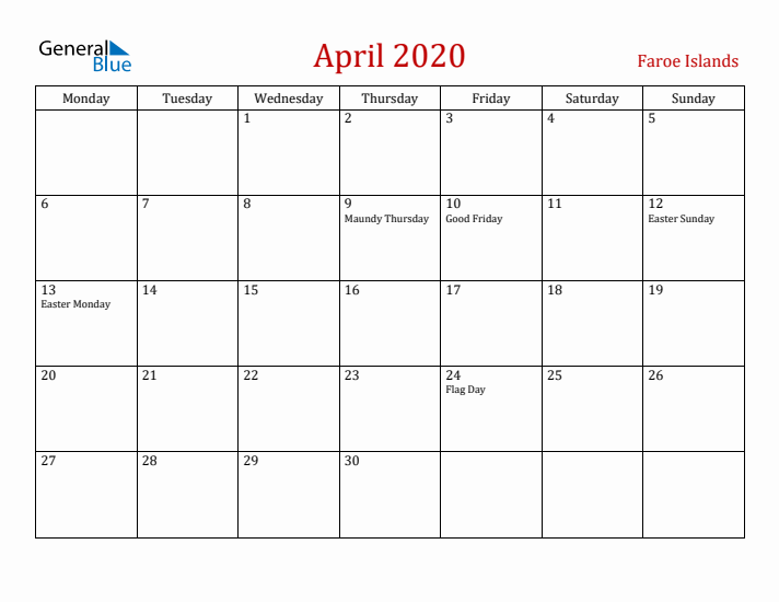 Faroe Islands April 2020 Calendar - Monday Start
