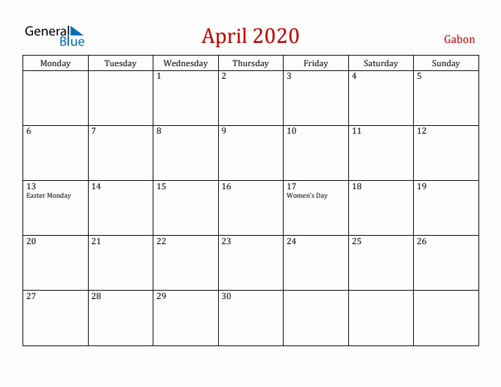 Gabon April 2020 Calendar - Monday Start