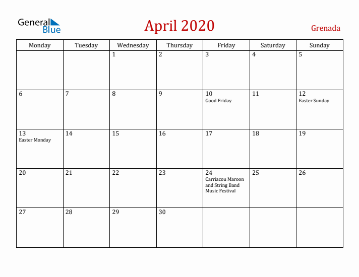 Grenada April 2020 Calendar - Monday Start
