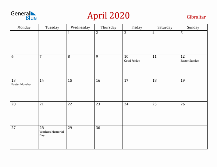 Gibraltar April 2020 Calendar - Monday Start