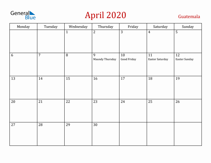 Guatemala April 2020 Calendar - Monday Start