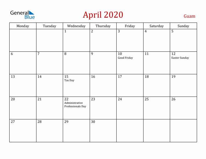 Guam April 2020 Calendar - Monday Start