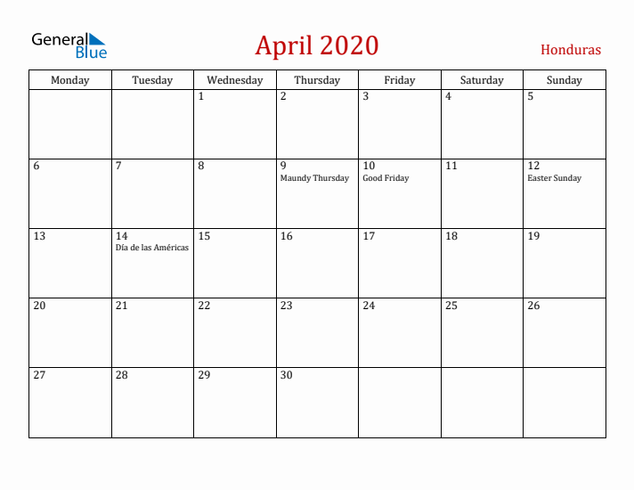 Honduras April 2020 Calendar - Monday Start