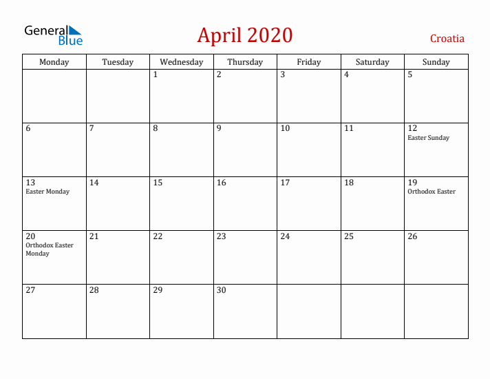 Croatia April 2020 Calendar - Monday Start