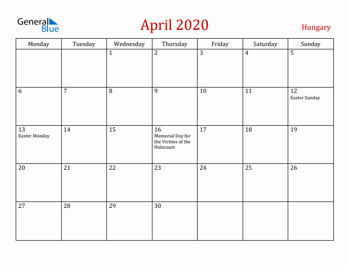 Hungary April 2020 Calendar - Monday Start