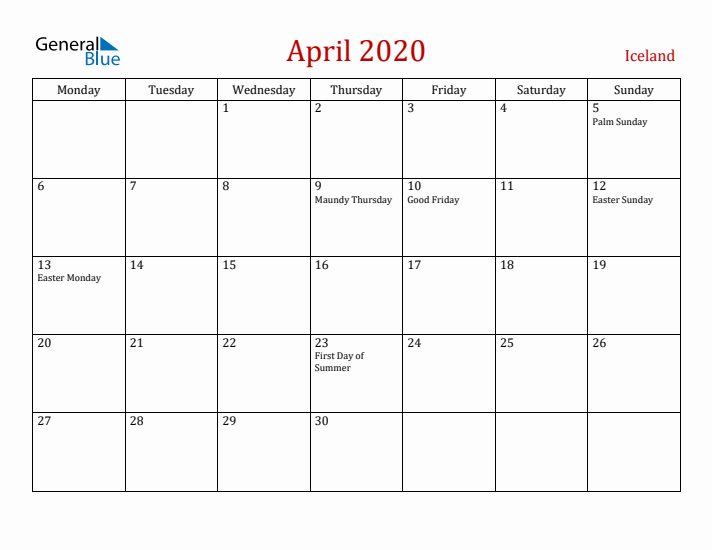 Iceland April 2020 Calendar - Monday Start