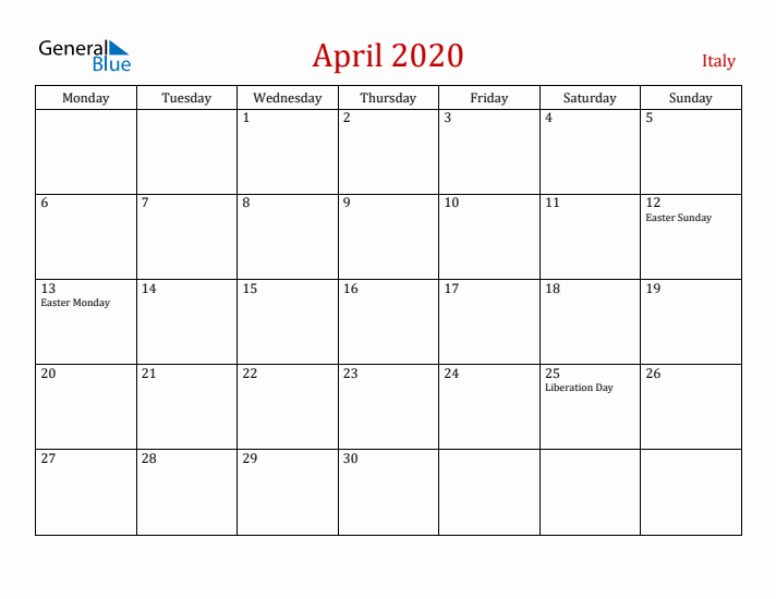 Italy April 2020 Calendar - Monday Start