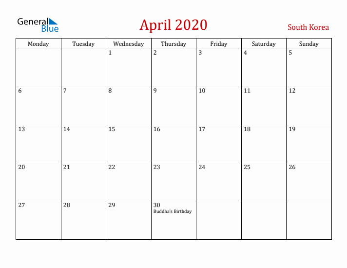 South Korea April 2020 Calendar - Monday Start