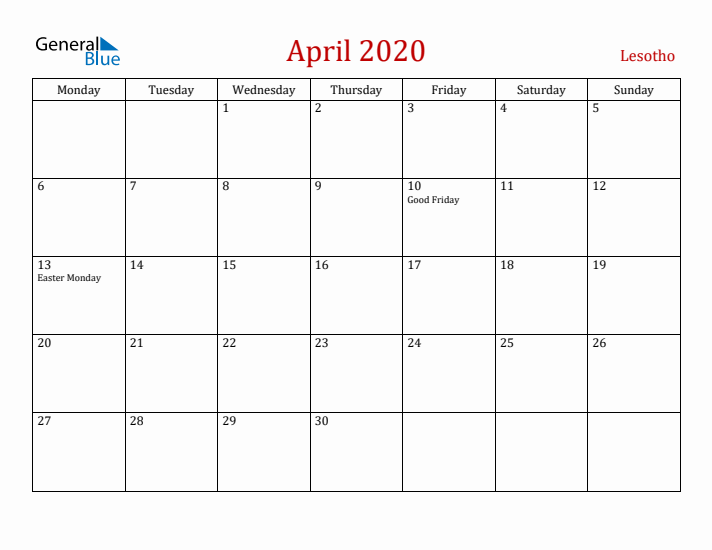 Lesotho April 2020 Calendar - Monday Start