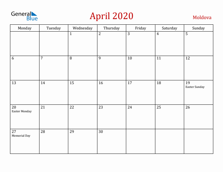 Moldova April 2020 Calendar - Monday Start