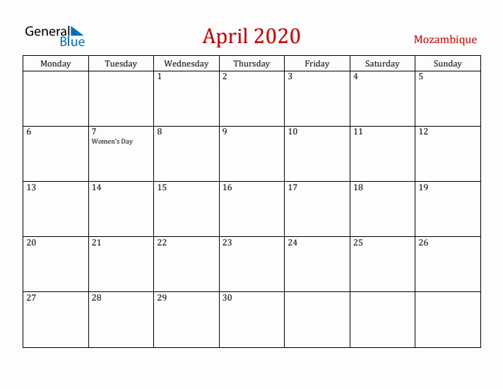 Mozambique April 2020 Calendar - Monday Start