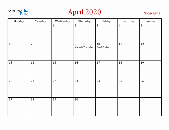 Nicaragua April 2020 Calendar - Monday Start