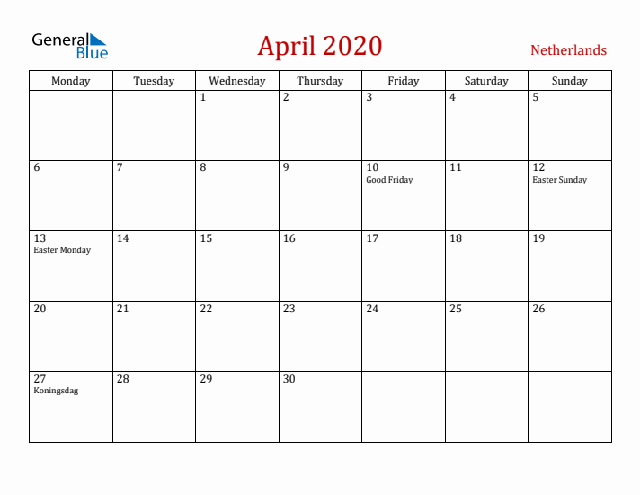 The Netherlands April 2020 Calendar - Monday Start