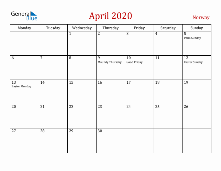 Norway April 2020 Calendar - Monday Start