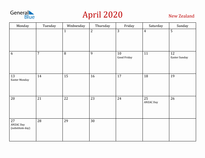 New Zealand April 2020 Calendar - Monday Start