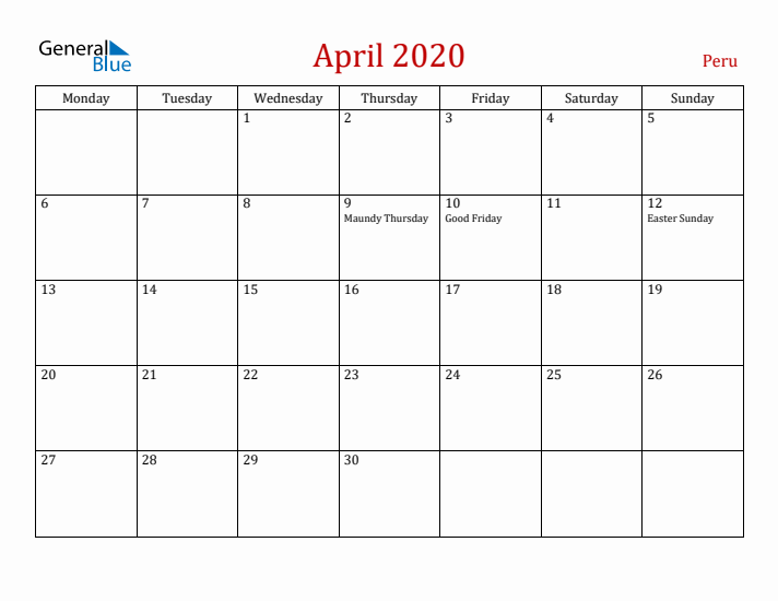 Peru April 2020 Calendar - Monday Start