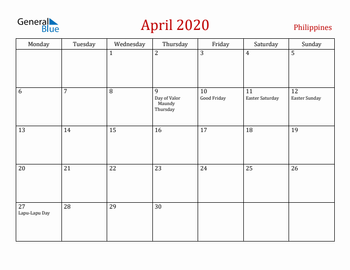 Philippines April 2020 Calendar - Monday Start