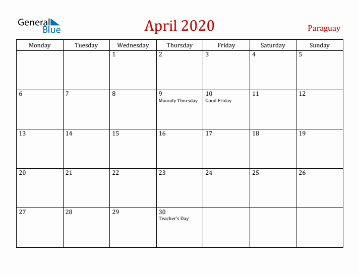Paraguay April 2020 Calendar - Monday Start