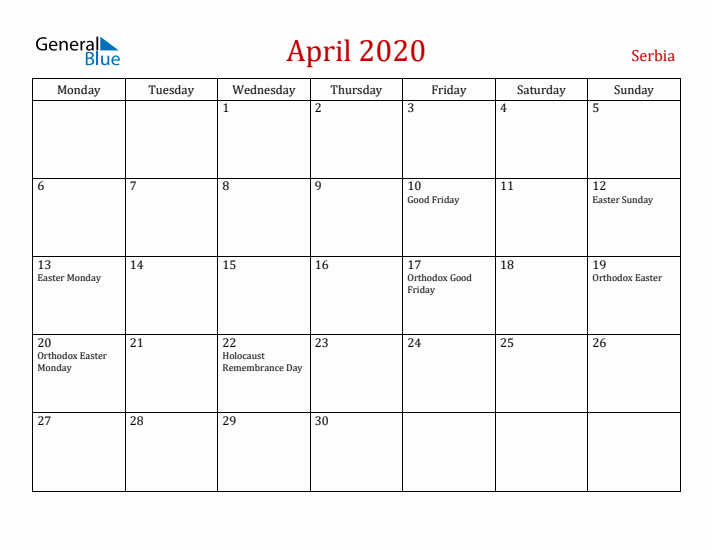 Serbia April 2020 Calendar - Monday Start