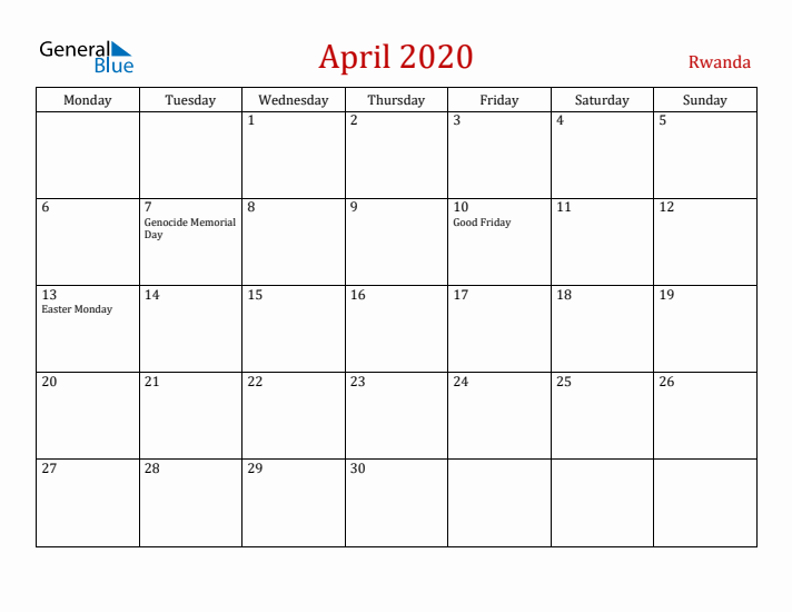 Rwanda April 2020 Calendar - Monday Start