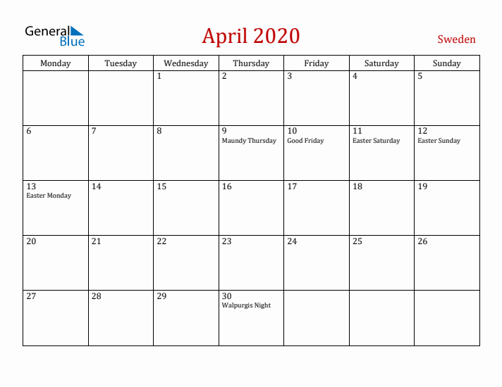 Sweden April 2020 Calendar - Monday Start
