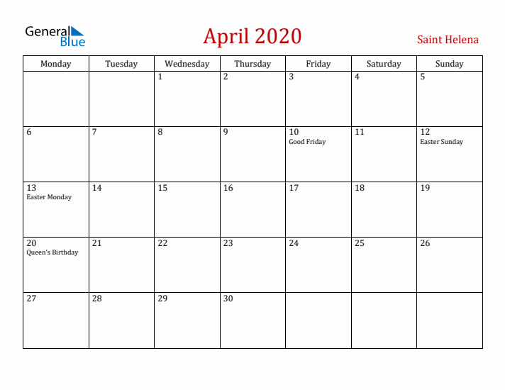 Saint Helena April 2020 Calendar - Monday Start