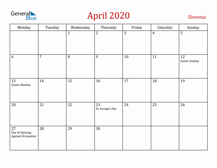 Slovenia April 2020 Calendar - Monday Start