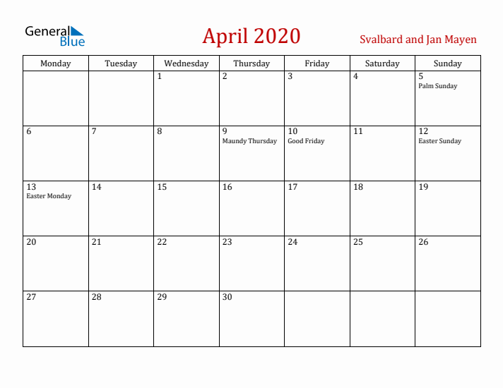 Svalbard and Jan Mayen April 2020 Calendar - Monday Start