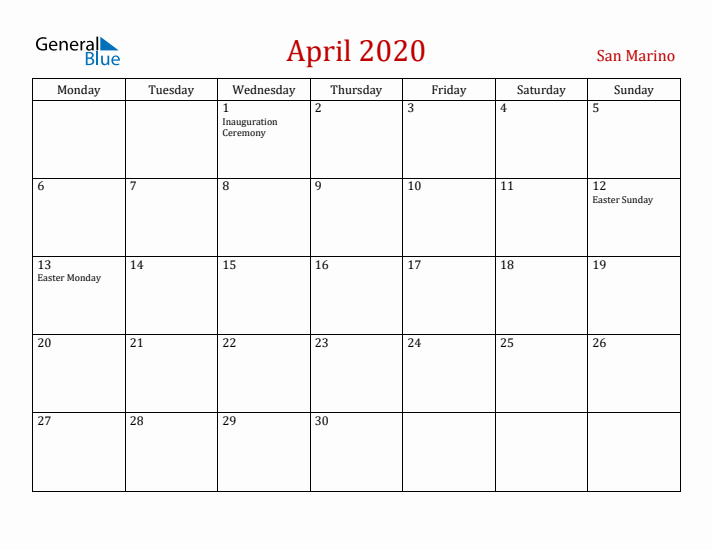 San Marino April 2020 Calendar - Monday Start