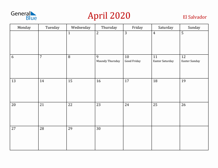 El Salvador April 2020 Calendar - Monday Start