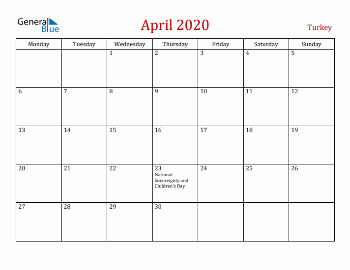 Turkey April 2020 Calendar - Monday Start