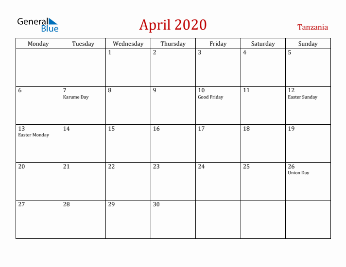 Tanzania April 2020 Calendar - Monday Start