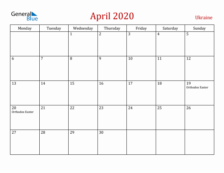 Ukraine April 2020 Calendar - Monday Start
