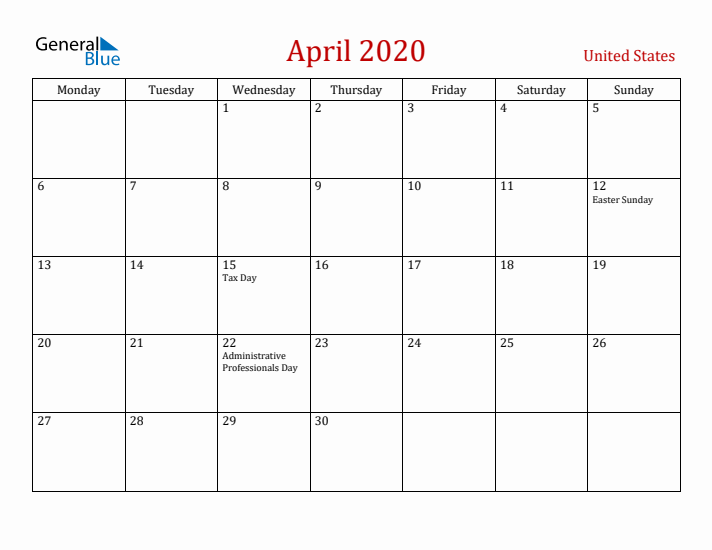 United States April 2020 Calendar - Monday Start
