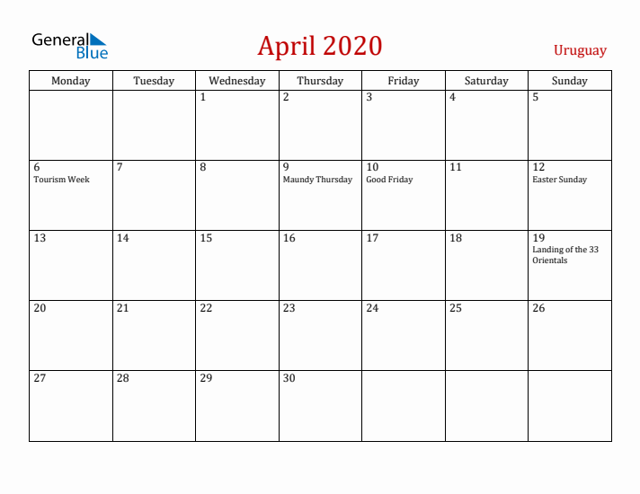 Uruguay April 2020 Calendar - Monday Start