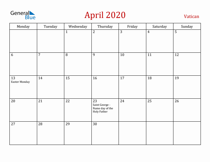 Vatican April 2020 Calendar - Monday Start
