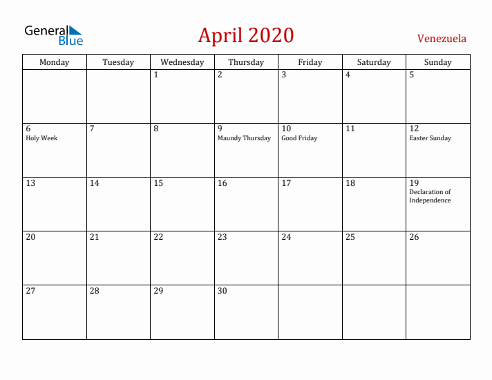 Venezuela April 2020 Calendar - Monday Start